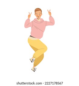 Happy Man Character Jumping Sharing Positive Vibes Showing V Sign Vector Illustration