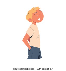 Personaje de hombre feliz mirando a la distancia con la curiosa ilustración del vector facial