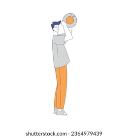 Happy Man Character Playing Frisbee Throwing or Catching Flying Disc Vector Illustration