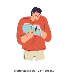 Happy Man Character Reading Book Enjoying His Hobby Vector Illustration