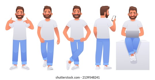 Fröhlicher Mann Zeichensatz. Guy gekleidet in einem weißen T-Shirt und Jeans Posen, zeigt auf sich selbst, geht, hält ein Telefon in den Händen und arbeitet auf einem Laptop. Vektorgrafik im Cartographie-Stil