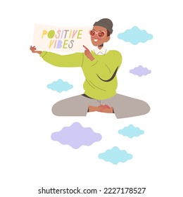 Happy Man Character Sharing Positive Vibes Levitating Among Clouds in the Air with Placard Vector Illustration