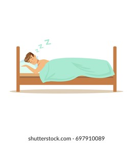 Happy man character sleeping in his bed, people resting vector Illustration