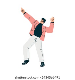 Happy Man Character Stand Point Finger at Something Show Hand Gesture Vector Illustration
