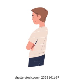 Happy Man Character Standing with Folded Arms and Looking with Curious Face Vector Illustration
