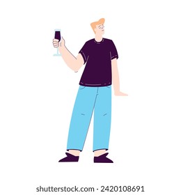 Happy Man Character Standing with Glass of Wine at Party Celebration Rejoicing and Cheering Vector Illustration