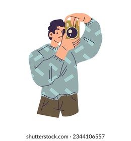 Happy Man Character Taking Photo with Camera Enjoying His Hobby Vector Illustration