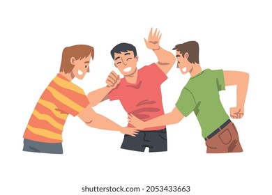 Happy Man Character with Their Hands in Stack Putting Them Together Showing Unity and Solidarity Vector Illustration