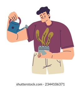 Happy Man Character Watering Houseplant in Pot Enjoying His Hobby Vector Illustration