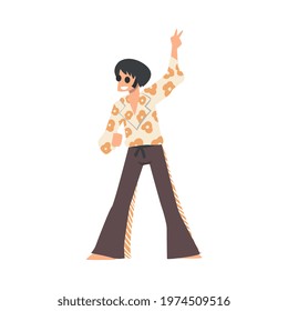 Happy Man Character Wearing Retro Style Clothing of 70s Dancing at Party Cartoon Vector Illustration