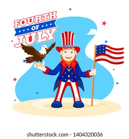 Happy man character wearing uncle sam hat with American Flag and eagle character for Fourth Of July celebration concept.