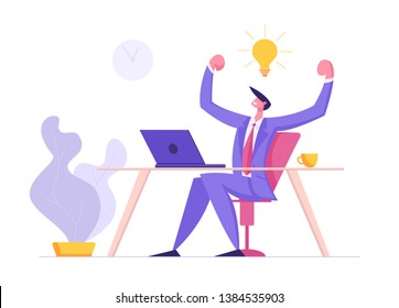 Happy Man Character Working with Laptop Having Idea Light Bulb. Male Developer Coding, Developing Software on Computer. Web Designer Freelancer Concept. Vector flat illustration