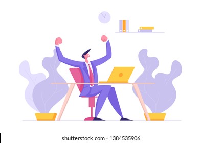 Happy Man Character Working with Laptop. Male Developer Coding, Developing Software on Computer. Web Designer Freelancer Concept. Vector flat illustration