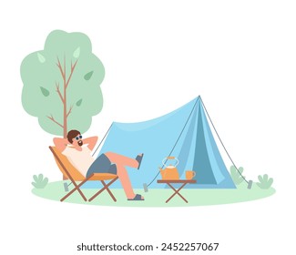 Happy man characters relaxing in chair near touristic tent in forest. Tourist camping concept. Summer vocation vector illustrations isolated on white background.