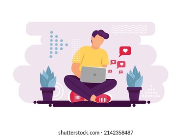 Happy man is chatting on a laptop. Date app, love letters, looking for a partner concept. Long distance relationships. Flat style.