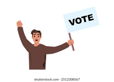 Happy man cheering with a raised fist, holding a shield with the word Vote, showing enthusiasm for elections