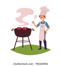 Happy man in chef hat and apron roasting meat on barbecue grill, holding turner, cartoon vector illustration isolated on white background. Happy young Caucasian chef cooking steaks on barbecue grill