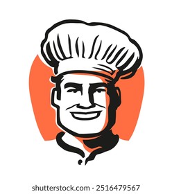 Hombre feliz chef en el logotipo o emblema del sombrero. Cocinero masculino, Ilustración vectorial del símbolo de la señal del servicio de comida