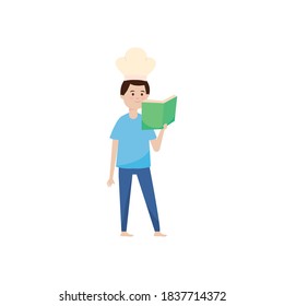 happy man with chef hat reading recipes book vector illustration