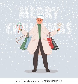 Happy man with Christmas gifts. Male wearing in santa hat on snow background Merry Christmas concept. Vector illustration in flat cartoon style
