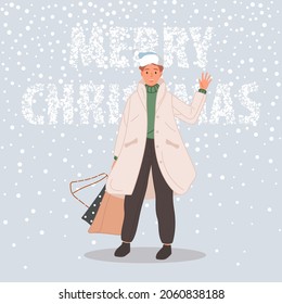 Happy man with Christmas gifts. Male wearing in santa hat on snow background Merry Christmas concept. Vector illustration in flat cartoon style