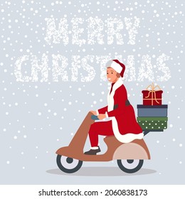 Happy man with Christmas gifts on motorbike. Male wearing in Santa Claus clothes on snow background Merry Christmas concept. Vector illustration in flat cartoon style