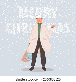 Happy man with Christmas paquette. Male wearing in santa hat on snow background Merry Christmas concept. Vector illustration in flat cartoon style