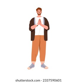 Happy man clapping hands, applauding. Smiling joyful excited person admiring, celebrating with approval and admiration gesture, applause. Flat vector illustration isolated on white background