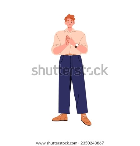 Happy man clapping hands, applauding. Employee, applause gesture. Office worker, appreciating, approving, congratulating, respecting. Flat graphic vector illustration isolated on white background