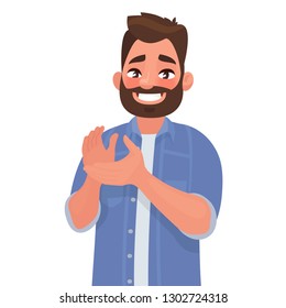 Happy man claps his hands. Gesture of admiration. Bravo. Congratulations. Vector illustration in cartoon style