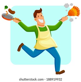 happy man cleaning and cooking