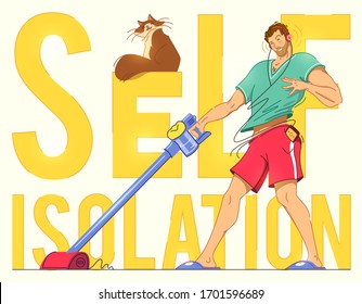 Happy man cleaning home,dancing with vacuum cleaner and having fun, copy space. Housework, chores concept. Vector illustration. Self-isolation.