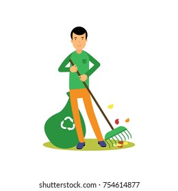 Happy man cleaning and raking leaves. Contributing into environment preservation. People who protect nature. Volunteer male, ecology, environment concept. Flat character vector isolated on white.