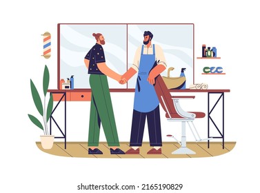 Happy man client shaking hand of barber, thanking for grooming. Grateful customer and hairstylists handshake in barbershop, hairdressing salon. Flat vector illustration isolated on white background