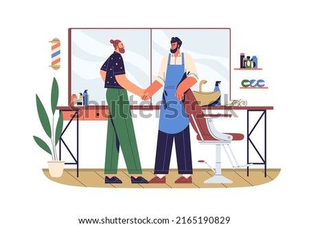 Happy man client shaking hand of barber, thanking for grooming. Grateful customer and hairstylists handshake in barbershop, hairdressing salon. Flat vector illustration isolated on white background