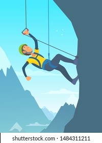 A happy man climbs the mountain in climbing equipment. Mountains and blue sky in the background. Extreme sport. Vector cartoon illustration.