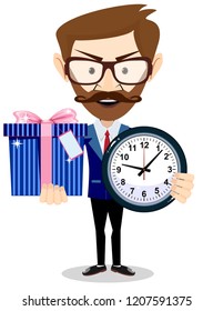 Happy man with clock and and cute gift on white background. Vector illustration in a flat style