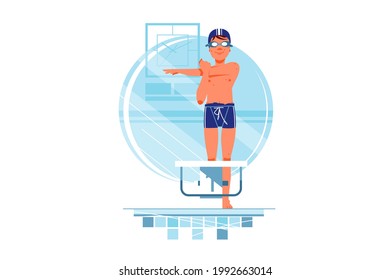 Happy man coaches and swimmers have warm up for training. Isolated concept smiling male sportsmen in swimming pool. Vector illustration.