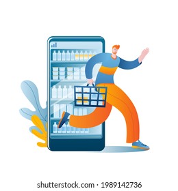 Happy man comes out with purchases from an online supermarket on a smartphone. Concept of a vector illustration in a flat style on the theme of opening an online supermarket.