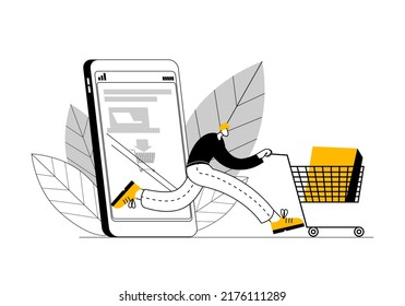 Happy man comes out with purchases from an online supermarket on a smartphone. Concept of a vector illustration in a flat style on the theme of opening an online supermarket.