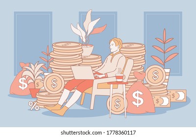 Herzlichen Glückwunsch in komfortablen Kleidung sitzend im Sessel und Arbeitsabstand mit Laptop-Vektorgrafik Umrissgrafik. Goldene Münzen, Taschen mit Bargeld. Finanzerfolg beim Arbeitskonzept.