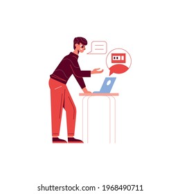 Happy man communicating with automatic chatbot on laptop flat vector illustration