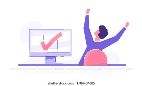 Happy man completed task and triumphing with raised hands on the his workplace.  Successful well done work. Completed task. modern vector illustration.