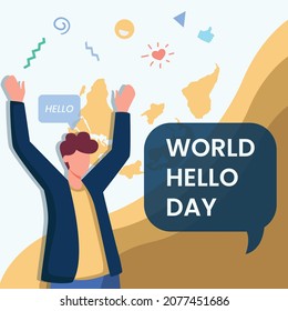 Happy man congratulate World Hello day on November 21.  Vector colorful illustration.