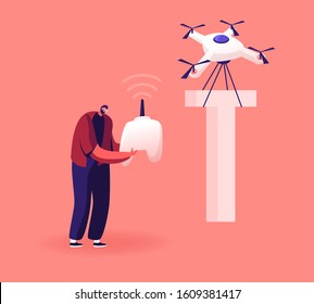 Happy Man Control Quadcopter which Carry Huge Letter T as Part of Thank You Typography. Male Character and Alphabet Element, Futuristic Technologies, Fun Spare Time. Cartoon Flat Vector Illustration