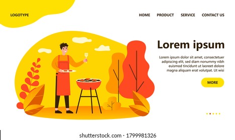 Happy man cooking barbecue meat outdoors. Cheerful guy grilling steaks outside. Flat vector illustration for bbq party, shashlik, summer activity concept