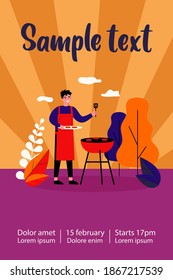 Happy man cooking barbecue meat outdoors. Cheerful guy grilling steaks outside. Flat vector illustration for bbq party, shashlik, summer activity concept