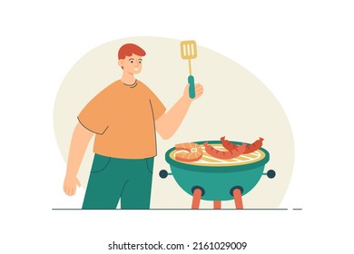Happy man cooking barbeque having fun. Picnic party with fish and hot smoke sausages. BBQ grill and summer leisure concept. Modern flat vector illustration