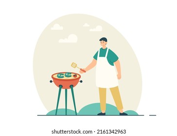 Happy man cooking barbeque having fun. Picnic party with fish and tomatoes. BBQ grill and summer leisure concept. Modern flat vector illustration