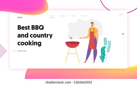 Happy Man Cooking BBQ Landing Page. Male Character Cook Grill Meat. Outdoor Barbecue and Sausages on Fire. Chef Cooking Food on Nature Banner, Website, Web Page. Vector Flat illustration